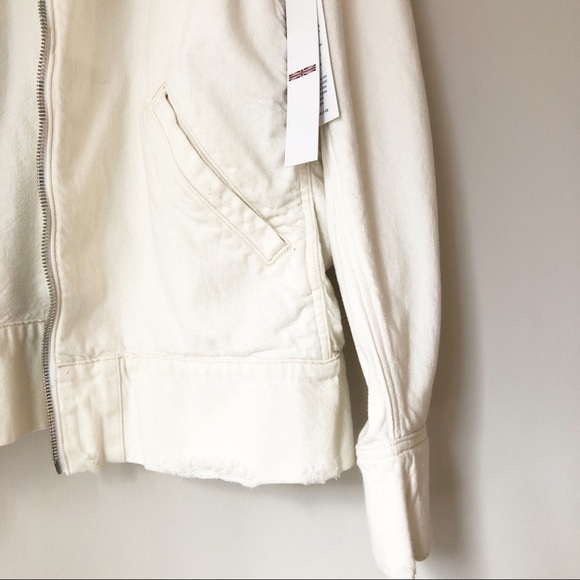 Hudson Cream Distressed Zip Up Bomber Denim Jacket Size XL - Picture 5 of 7